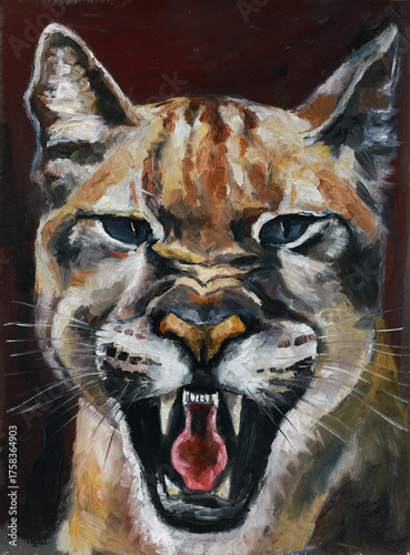 Fierce Puma Portrait – Wild Cat Oil Painting