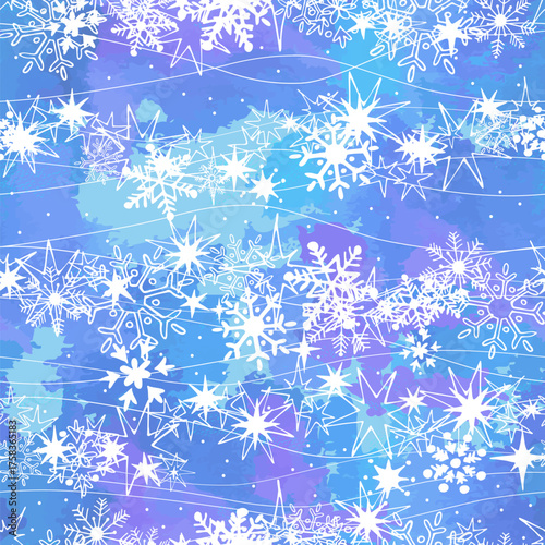 Cute white snowflakes and stars on a blue background. Seamless winter pattern. Vector illustration.