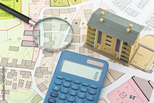 Wall Mural Imaginary cadastral map and general urban plan with cadastral parcels, urban des