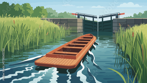 A boat floats on a canal towards a lock surrounded by tall grass and trees under a blue sky with clouds