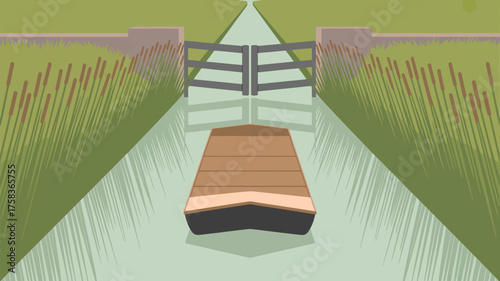 A boat on a narrow waterway leading to a wooden gate surrounded by tall grass and green banks
