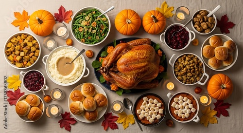 Overhead view of a thanksgiving dinner spread with turkey sides and autumn decorations on a table top