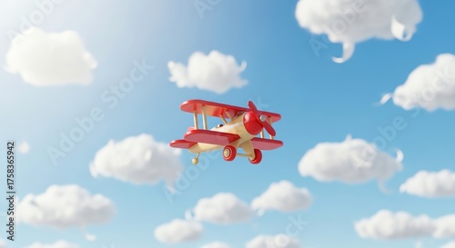 Red biplane flying in blue sky with clouds