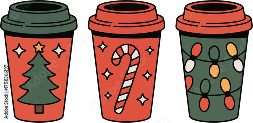 Christmas Coffee Cups Vector Set – Festive Holiday To-Go Mugs with Tree, Candy Cane, and Lights Designs