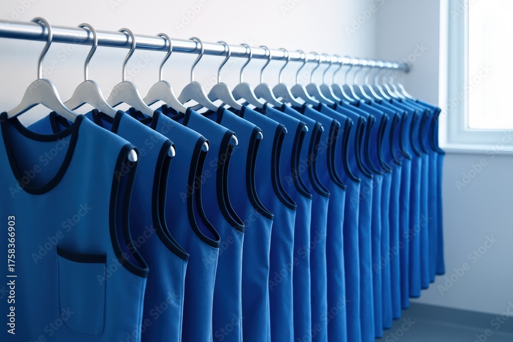 Fototapeta premium Blue protective lead aprons hanging neatly on a hospital rack represent vital radiation safety equipment in a clean, professional healthcare clinic