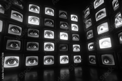 Monochrome Gallery of Watching Eyes on Vintage TV Screens