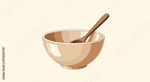 A simple bowl with a wooden spoon resting inside ready for a meal.