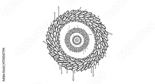Abstract circular illustration with concentric rings of textured patterns and splattered ink details.
