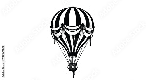 Vintage hot air balloon with striped canopy and decorative bunting floats serenely.
