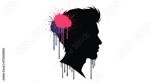 A silhouette of a man's head with abstract paint splatter and dripping effects on the upper part of the head.