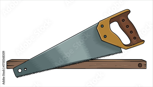yellow handle metal hand saw vector art isolated white