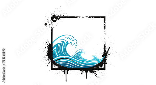 A dynamic pixel art depiction of powerful ocean waves crashing within a distressed square frame.