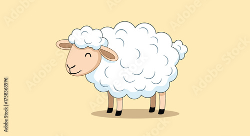 A fluffy white sheep with a friendly smile and pink ears stands on a light brown background.