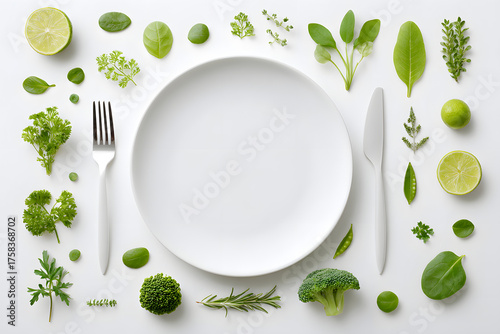 Food plate mockup. An artistic composition of fresh, vibrant greens meticulously surrounds a pristine plate, fork and knife, illustrating healthy eating and culinary creativity.