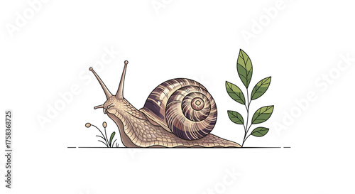 A detailed illustration of a garden snail with a spiraled shell slowly moving along the ground next to a leafy plant.
