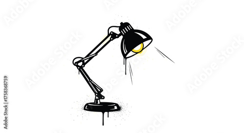 Adjustable task lamp with industrial design emitting warm light.