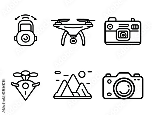 Vector Icon Set of Drone Camera Mountain Landscape and Photography Elements in Modern Minimalist Style with Black Line Art