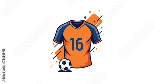 An orange soccer jersey with the number sixteen and a soccer ball below it on a white background with abstract orange and blue shapes.