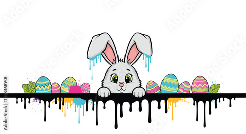 A cute bunny peeking over a colorful easter egg decorated banner with dripping paint effects.