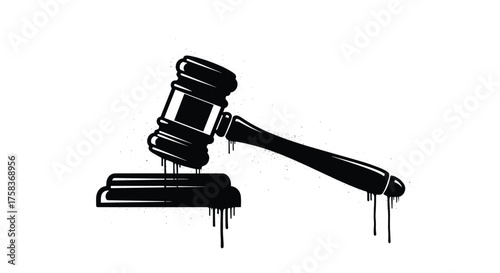 An iconic black and white graphic illustration of a gavel in a judge's court.
