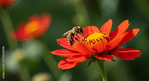 Bee pollinating bright red flower blossom against green background