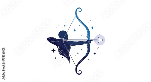 Sagittarius constellation symbol with a celestial archer drawing a bow under a starry night sky.