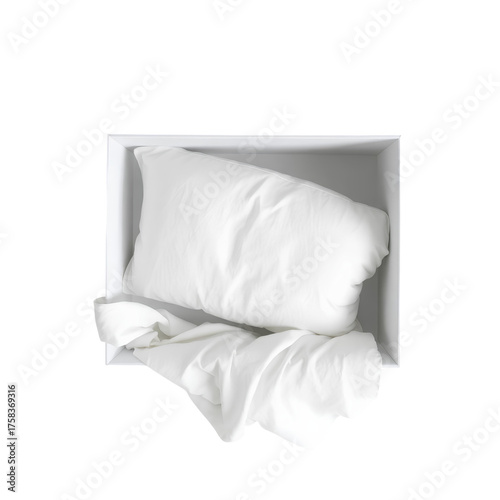 Photo of open white rectangular box with a white pillow and blanket inside isolated on transparent background