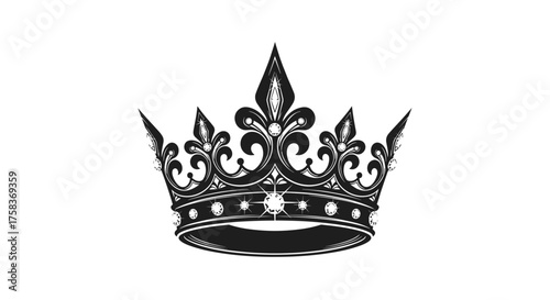 An ornate black crown with intricate designs and delicate points atop its regal structure.