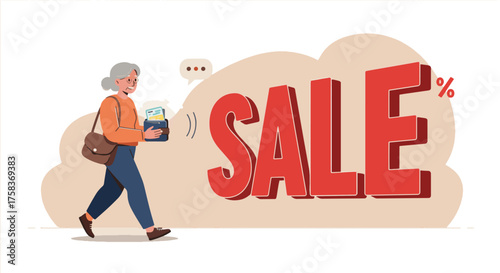 Mature woman with a shopping bag, walking past a large "SALE" sign, enjoying a discount event and consumer experience, ideal for retail promotions and marketing graphics