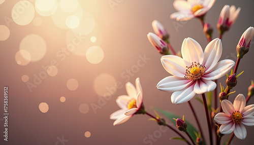 Delicate pink blossoms in warm sunlight, ethereal nature close-up