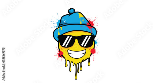 A cool smiley face wearing a blue beanie and sunglasses with colorful paint splatters and dripping effect.