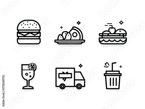 Minimalist Vector Food Icons Collection Featuring Burger Drink Dessert and Delivery Elements in Modern Line Style