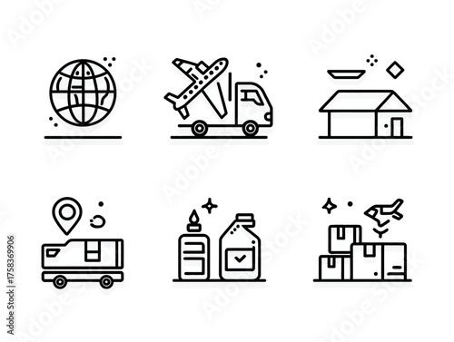 Vector Icon Set with Transportation Logistics and Delivery Elements in Minimalist Style