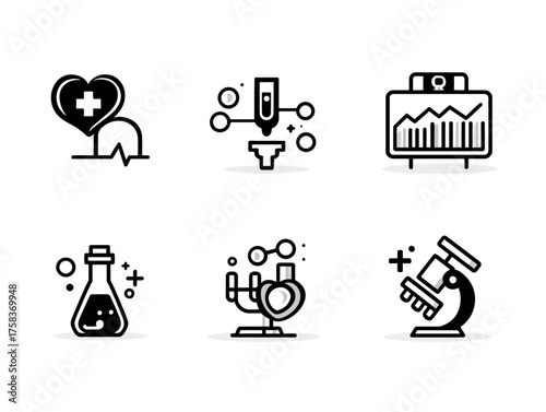 Vector Icon Set Biomedical Scientific Laboratory Equipment and Health Symbols in Minimalist Style