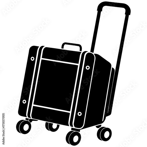 Vector illustration of a black silhouette of a wheeled suitcase-trolley with a retractable handle, isolated on a white background