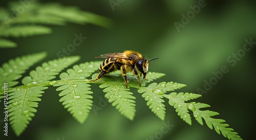 Bee resting on green fern leaf with water droplets close up wildlife photography