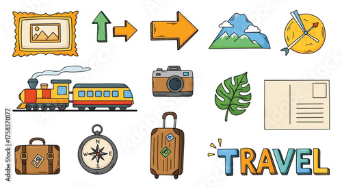 Illustrations of travel and adventure icons and symbols in a sketchbook style.