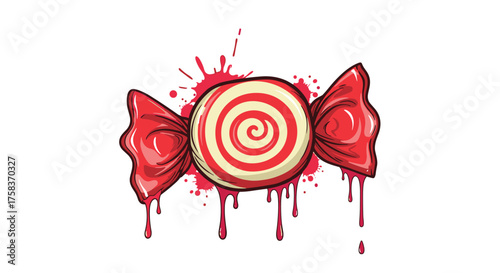 A sweet and spooky swirl candy with dripping red liquid.