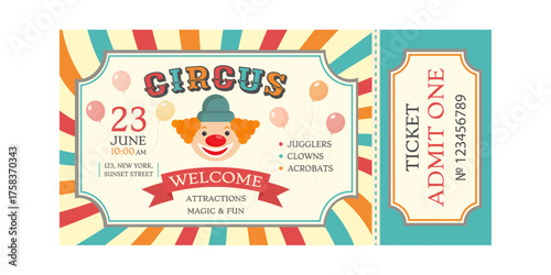 Flat vector illustration of a colorful circus ticket with clown, balloons, and festive stripes. Bright vintage design perfect for family shows, events, posters, and invitations for kids and adults.
