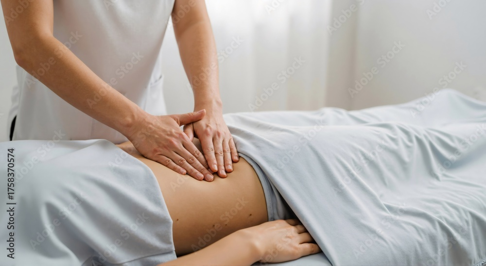 Fototapeta premium Woman masseuse performing abdominal massage on a woman client in a spa. Well-being and relaxation therapy. Internal organs health care.