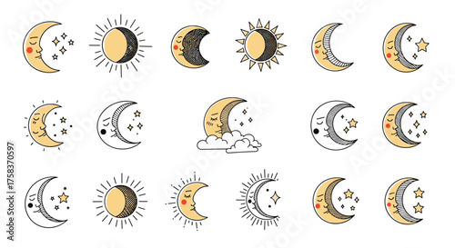 Celestial bodies sun and moon phases with stars and constellations for mystical or astrological designs.