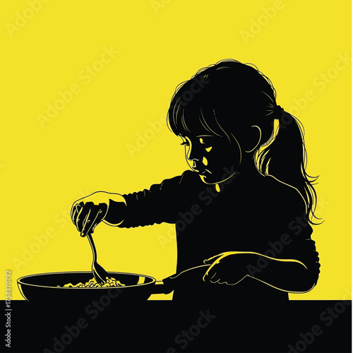 Little girl eating cereal for breakfast in morning