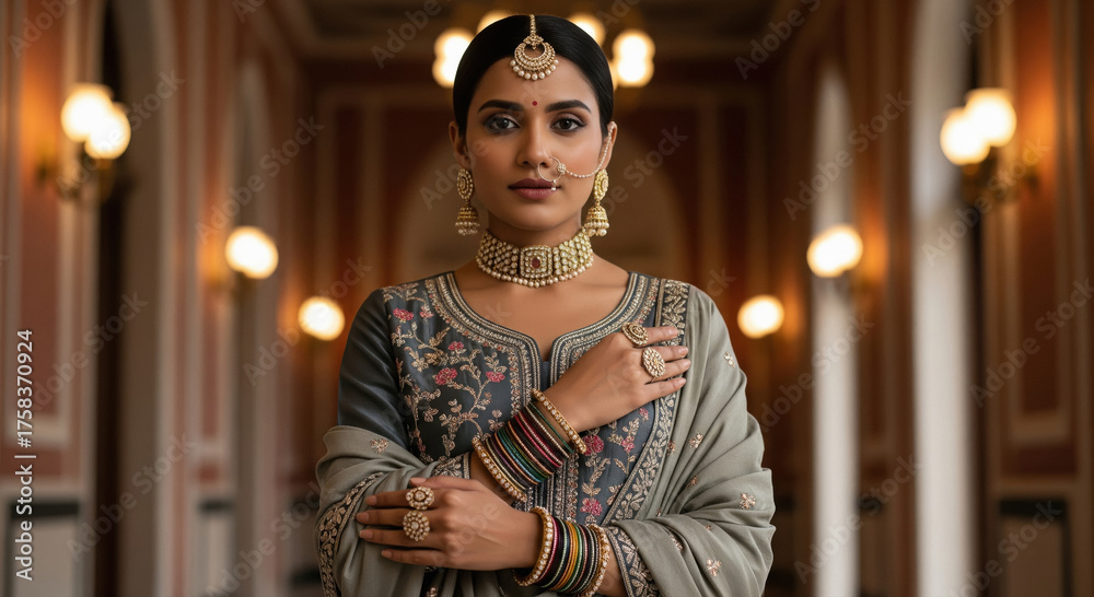 Fototapeta premium Elegant Indian woman in traditional attire and exquisite gold jewelry.