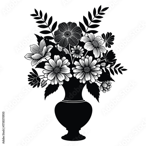 Black silhouette of a vase filled with an assortment of flowers and leaves on a white background