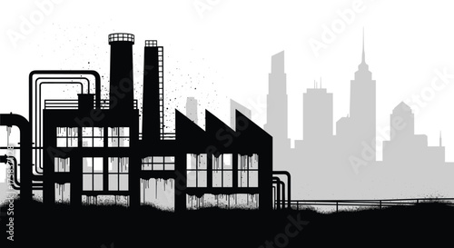 An industrial factory with smokestacks and pipes stands against a city skyline.