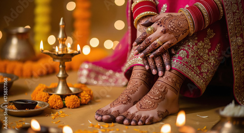 Beautiful Indian Mehndi Hands and Feet with Festive Diyas