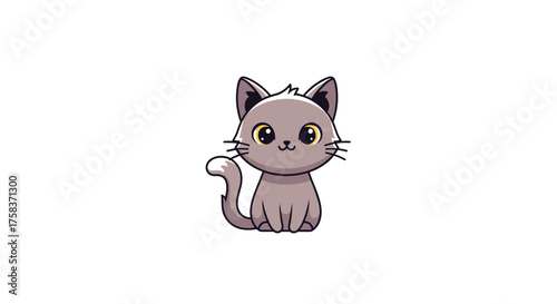 An adorable animated pixel art grey kitten sits patiently with a fluffy tail and bright curious eyes. .