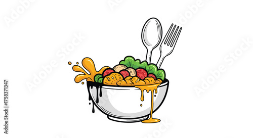 A vibrant bowl of delicious food with utensils for a satisfying meal.