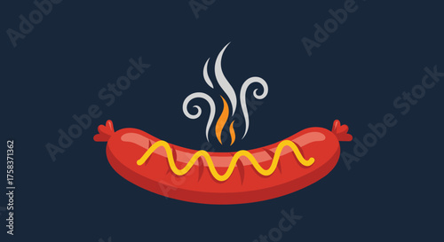 Delicious hot dog with mustard and steam rising from it symbolizing cooking and warmth.