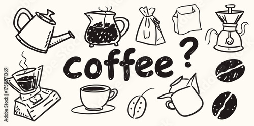 Cute hand-drawn coffee illustrations depicting various brewing tools and beans in a playful arrangement